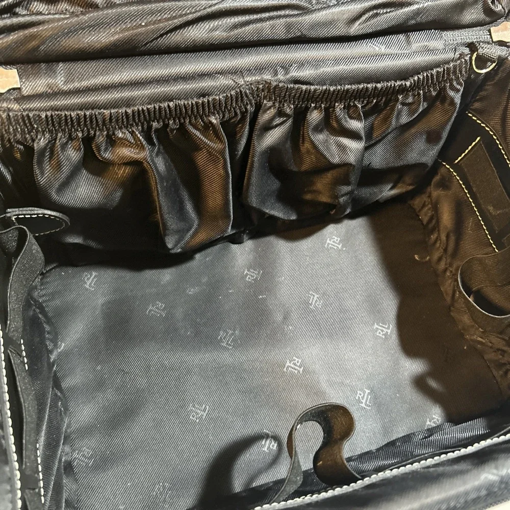Ralph Lauren Signature Monogramed Gray Black Leather Trim Cosmetic Case